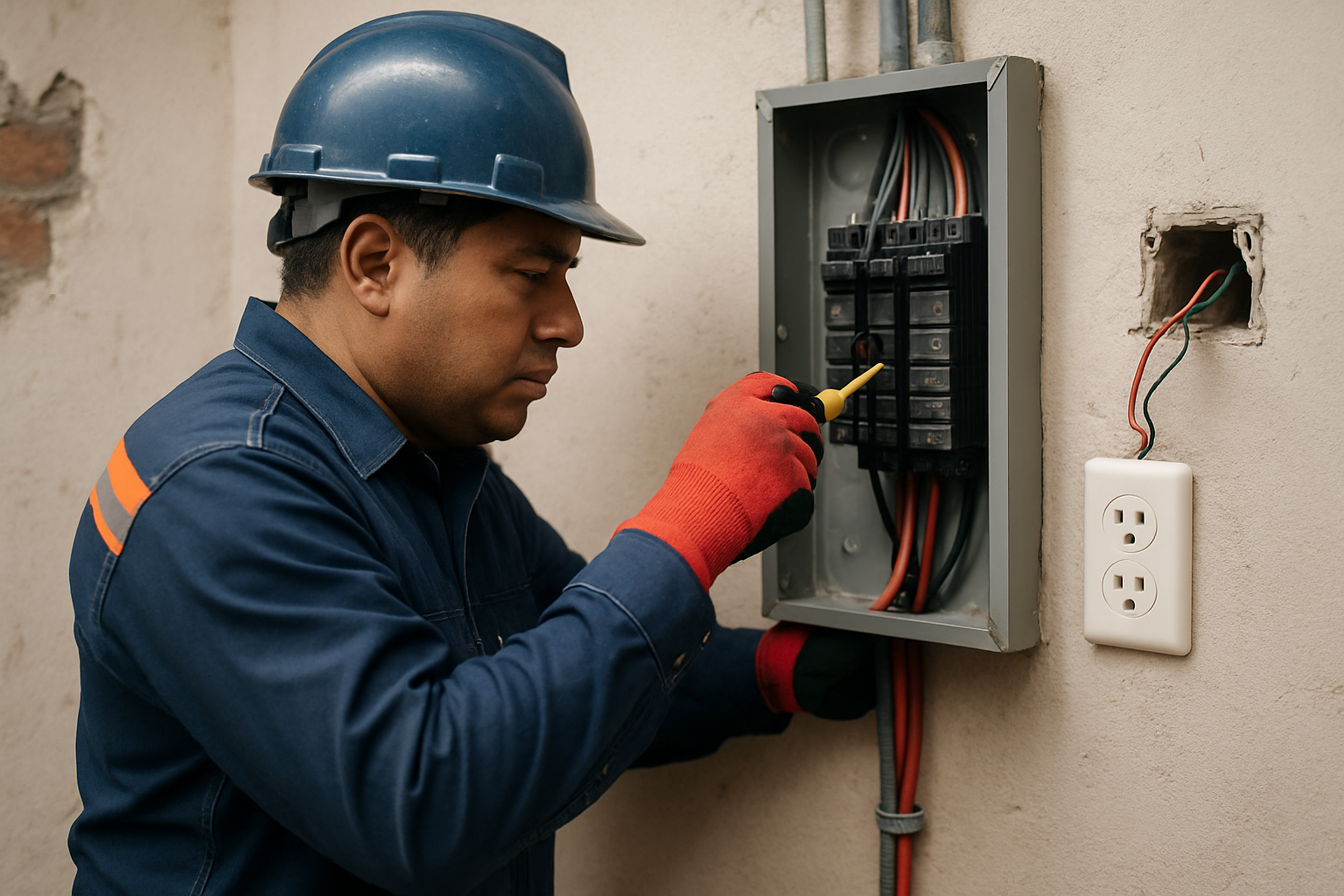 Electricista revisando una instalación eléctrica residencial